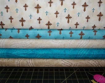 Amazing Grace Fat Quarter Bundle - 5 Piece QT Fabrics Amazing Grace Crosses and Musical Lyrics FQ Set - 100% Cotton Fabric - Panel Optional