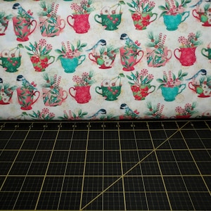 QT Fabrics. Peppermint Christmas. Christmas Cups Ecru