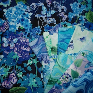 Butterfly Bliss Fat Quarter Bundle - 10 Piece Kanvas Blue, Mint, and Purple Butterfly Floral FQ Bundle - 100% Cotton Fabric