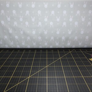 Lewis & Irene. Bunny Garden. Leo Bunny on Light Grey - Easter Fabric / Spring Fabric