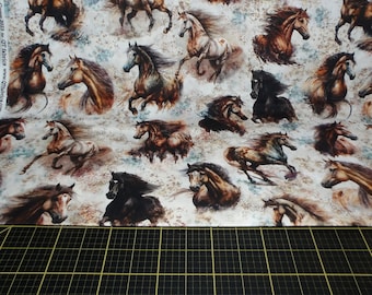 QT Fabrics. Stallion Song. Horse Allover Ecru