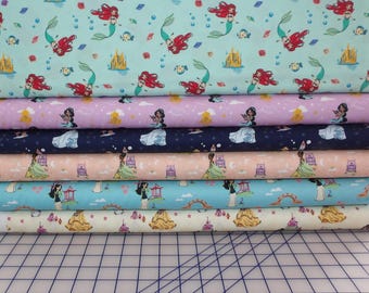 Heart of a Princess Fat Quarter Bundle - 6 Piece Disney Princess Ariel, Belle, Cinderella, Jasmine, Mulan, and Tiana FQ Bundle
