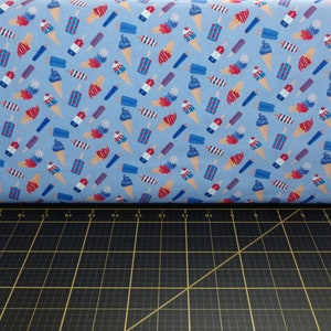 Timeless Treasures. BBQ Season. Ice Cream Cone And Ice Pop Blue DIGITALLY PRINTED