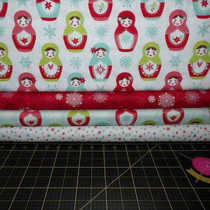 Merry Matryoshka Fat Quarter Bundle - 4 Piece Riley Blake Christmas / Winter Matryoshka Doll FQ Set - 100% Cotton
