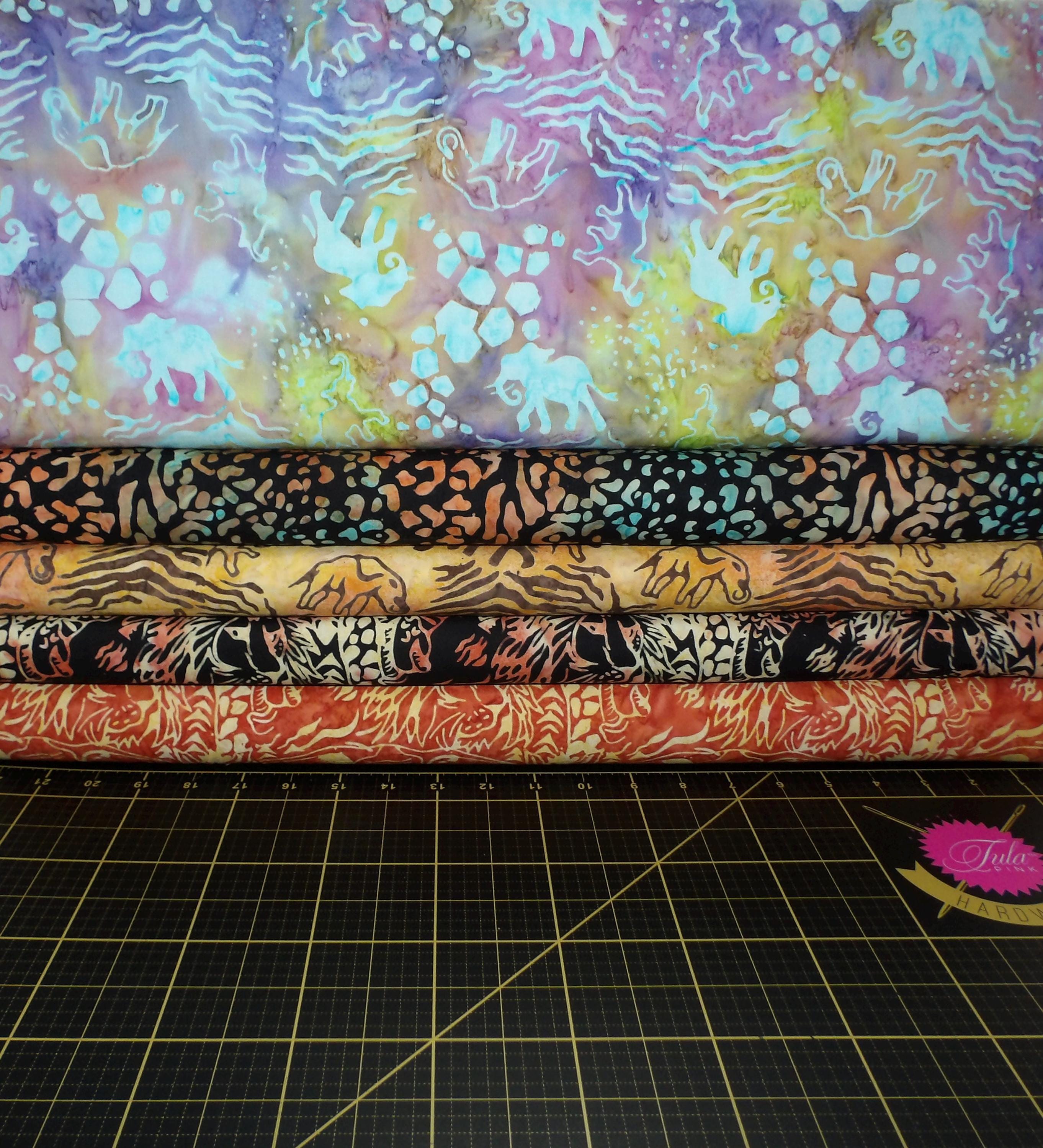 African Safari BATIK Fat Quarter Bundle - 5 Piece African Elephants, Lions, Giraffes, and More FQ Bundle - 100% Batik Fabric