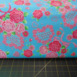 Cosmo. Rose Hearts Glitter Aqua - Japanese Cotton Fabric