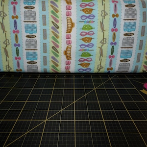 QT Fabrics. A Cut Above. Hairdresser Stripe Aqua - Beautician and Cosmetologist fabric