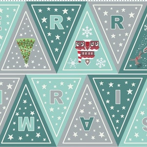 Lewis & Irene. Christmas Glow. Bunting Panel 1/2 yd Blue/Grey Glow in the Dark