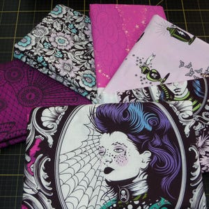Tula Pink Nightshade Fat Quarter Bundle - Bella Donna, Neptunia, Scarlet (2/3 Yard Repeat) plus five matching coven themed fat quarters