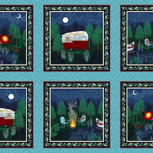Studio E. Beneath the Stars. 10.5 inch Camping Blocks Panel 2/3 yd Midnight Blue