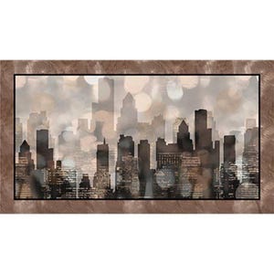 Puede incluir: Una pintura digital de un horizonte urbano en tonos marrones y grises. Los edificios están silueteados contra un fondo de luces borrosas y un cielo brumoso.