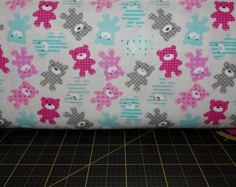 Stof France. Bear Cub Toss Rose 63 inches wide DIGITALLY PRINTED