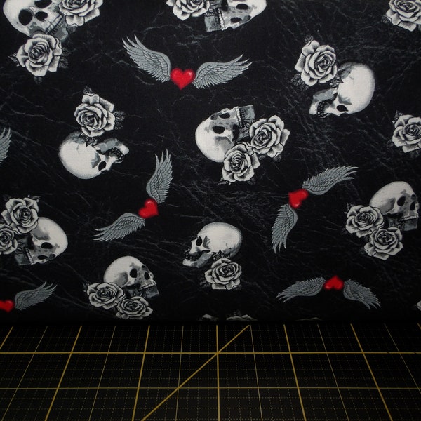 Windham Fabrics. Born To Ride. Skull Tattoo Black - Cotton Fabric BTY - Choose your cut