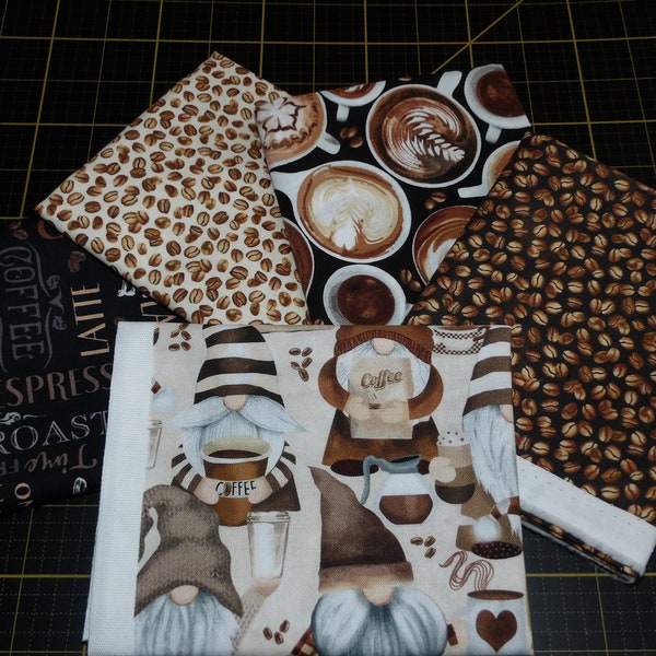 Gnomes Espresso Yourself Fat Quarter Bundle - 5 Piece Coffee Shop Gnomes FQ Bundle - 100% cotton