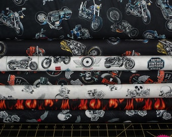 Ultimate Biker Fat Quarter Bundle - 7 Piece Motorcycle / Biker Themed FQ Bundle - 100% cotton