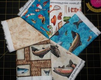 Fish Tales Fat Quarter Bundle - 6 Piece Dan Morris QT Fabrics Fish, Fishing Equipment, and Fish Lures FQ Bundle - 100% cotton