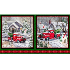 QT Fabrics. Winter Greetings. Red Truck Christmas Picture Patches 2/3 yd DIGITALLY PRINTED