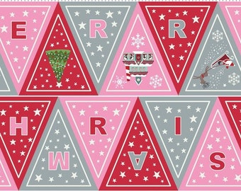 Lewis & Irene. Christmas Glow. Bunting Panel 1/2 yd Pink/Red Glow in the Dark