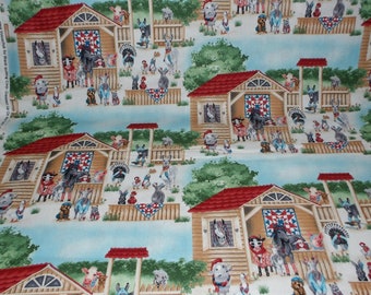 Blank Quilting. Dressed Up On The Farm. Farm Scenic Light Blue - red, white, and blue farm fabric