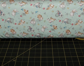 Kokka. Bunny Floral Toss Pale Green Metallic  Oxford Cloth - Japanese Cotton Fabric