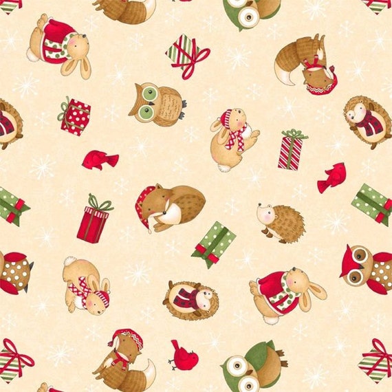 Christmas Animals Hedgehog Fox Owl Cotton Fabric Wilmington Santa Friends Yard