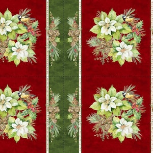 May include: A red and green fabric with a repeating pattern of white poinsettia flowers, pine cones, and birds. The fabric is perfect for crafting projects like table runners, placemats, and pillows.