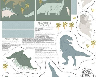 May include: A printable sewing pattern for making dinosaur-themed pillows and a drawstring backpack. The pattern includes instructions for making a T-Rex, a stegosaurus, a triceratops, and a volcano. The pattern is printed on a white background with blue, green, and brown illustrations.