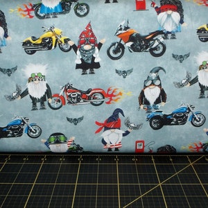 Timeless Treasures. Bad to the Gnome. Biker Gnomes Grey DIGITALLY PRINTED