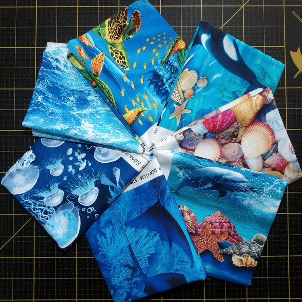 Jewels of the Sea Fat Quarter Bundle - 7 Piece Realistic Orca, Dolphins, Stingrays, Sea Turtles and Ocean Life FQ Bundle from Oasis Fabrics