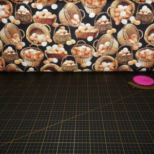 Michael Miller. Early To Rise. All Eggs In One Basket Black - farmhouse style eggs fabric
