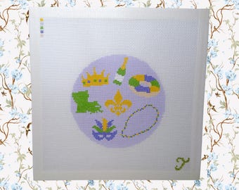 Mardi Gras Needlepoint Canvas, 18-Mesh Needlepoint Canvas, Mardi Gras Round, Louisiana Southern Needlepoint Canvas