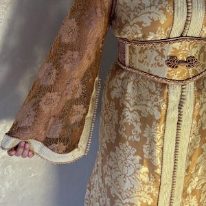 Vintage Moroccan Gold and Beige Caftan  Brocade and Lace Sleeves with Belt | One Piece Takchita | Wedding, Henna and Special Occasion Dress