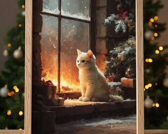 Holiday Kitten Print Art, Cozy Cat Poster, Winter Window Christmas Decor, Snowy Night Art, Nordic Winter Digital Wall Art
