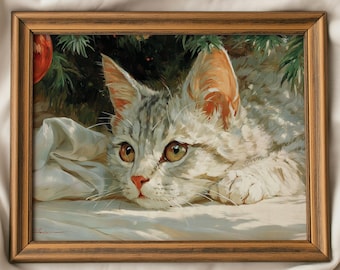 Whimsical Christmas Kitten Printable, Cat under Christmas Tree, Holiday Pet Wall Art, December Animal Wall Decor - Digital Download