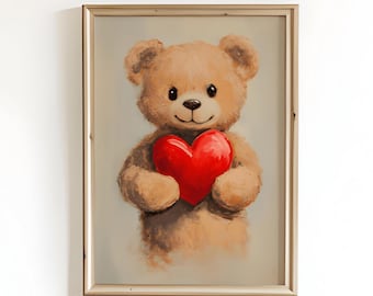 Romantische teddybeer afdrukbare muurkunst, Valentijnsdag poster, schattige teddybeer met rood hart print, coquette room decor digitale download
