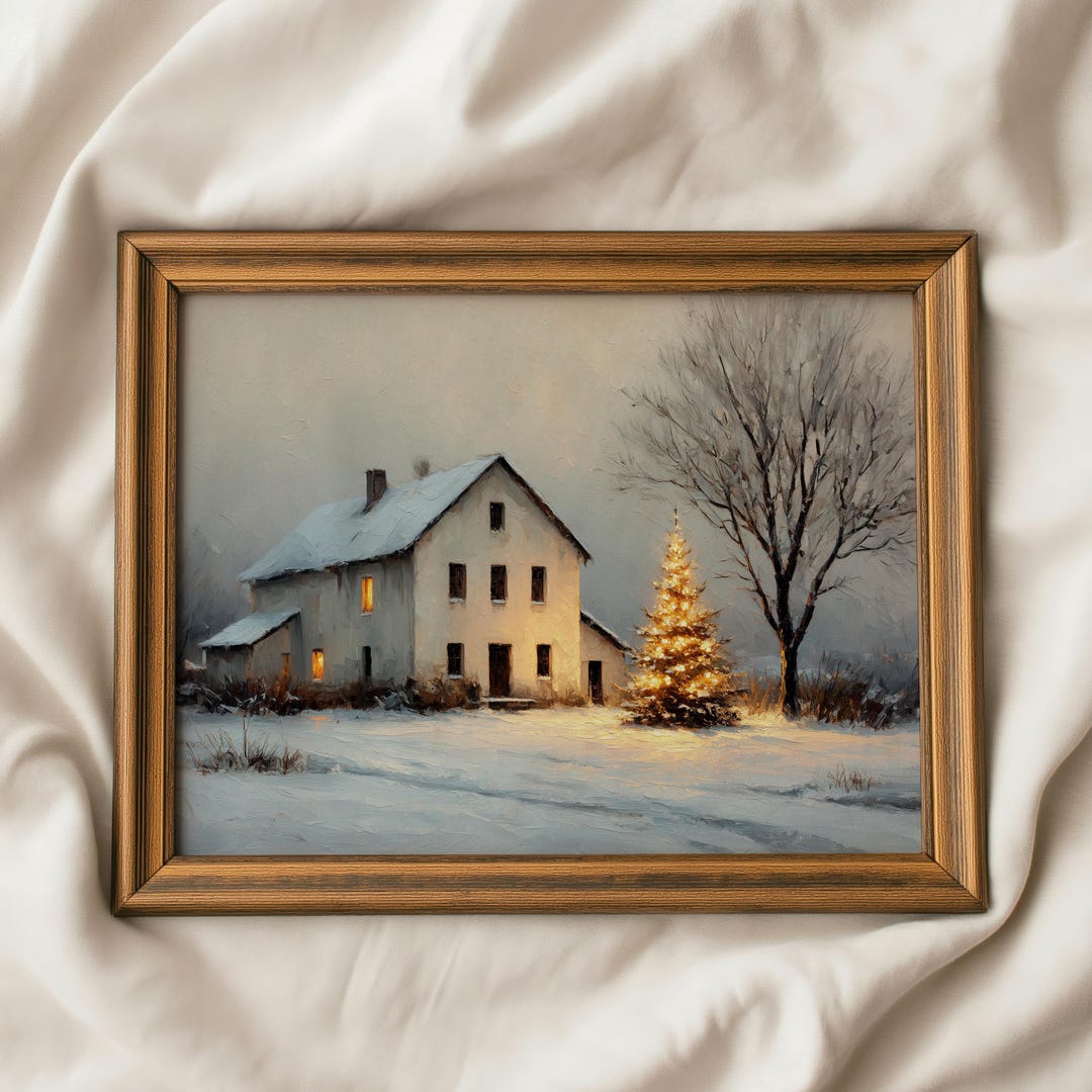 Vintage Christmas Tree Printable, Snowy Landscape Wall Art, Cozy Winter ...
