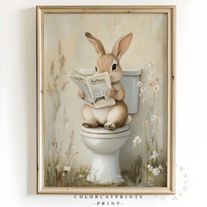 Impresión de baño con conejo de Pascua / Arte mural de baño de primavera, póster de baño de flores silvestres - Descarga instantánea