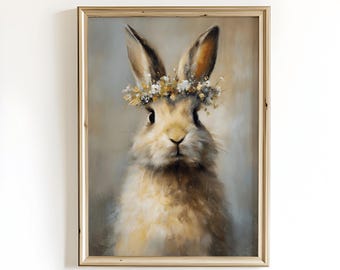 Impression de fleurs sauvages de lapin de Pâques | Art vintage printanier, affiche neutre d'animaux de ferme - téléchargement immédiat