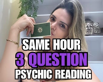 May include: A woman holding a green tarot card with a gold design. The image includes the text "SAME HOUR 3 QUESTION PSYCHIC READING" in white and purple. A 5-star rating is also displayed.