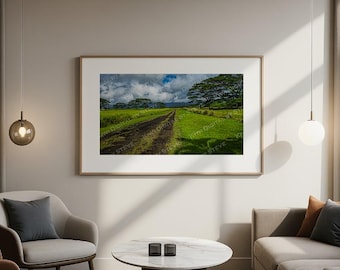 Lámina con estampado de un sendero en un campo verde de Kauai, fotografía de Hawái, arte mural de paisaje tropical.