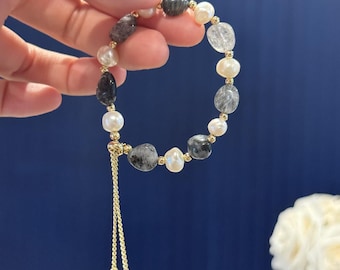 Pulsera deslizante de perlas y piedras preciosas: aventurina, ágata y rutilo ajustables