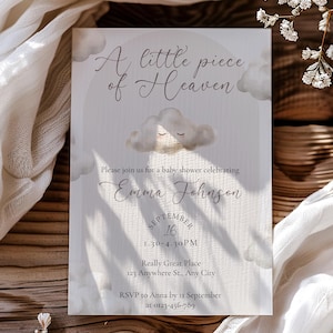 A Little Piece of Heaven Baby Shower Invitation, Cloud 9 Baby Shower Invite Template, Editable Canva 5x7 A5