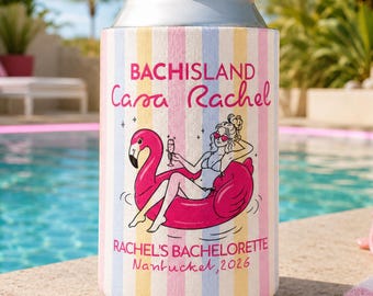 Personalized Pink Flamingo Bachelorette Can Cooler, Tropical Beach Bach Party Favor, Custom Drink Sleeve