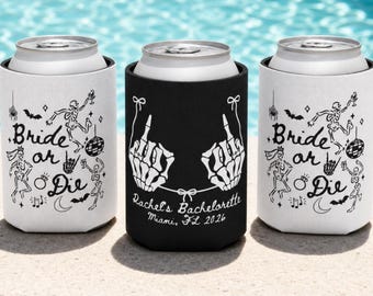 Skeleton Bachelorette Can Cooler, Personalized Gothic Bridal Party Favor, Spooky Halloween Drink Sleeve