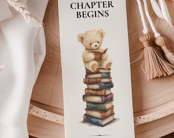 Lesezeichen A NewKapitel beginnt mit Lesezeichen, Teddybär-Buch-Babyparty-Tag (Canva-Vorlage)