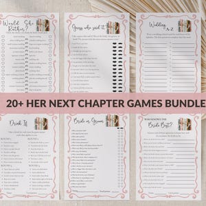 Könnte beinhalten: Eine Sammlung von sechs rosa und weißen Brautparty-Spielkarten. Die Spiele umfassen "Would She Rather?", "Guess Who Said It", "Wedding A-Z", "Drink If", "Bride or Groom" und "Who Knows the Bride Best?" Der Text "20+ HER NEXT CHAPTER GAMES BUNDLE" ist ebenfalls sichtbar.
