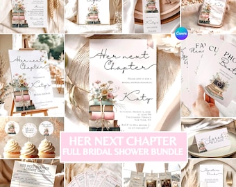 Her Next Chapter Bridal Shower Bundle, Editable Canva Template Set, Invitation Menu Welcome Sign Games, Book Theme Brunch Decor