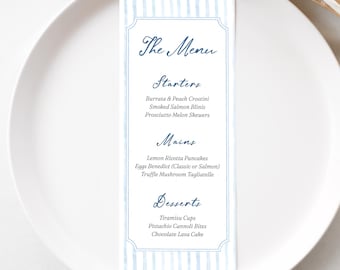 Plantilla de menú de boda a rayas azules, imprimible en acuarela, editable en Canva (5x7 y 4x9 pulgadas).