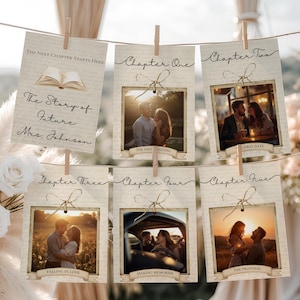 May include: Six rectangular cards hanging on a string with wooden clips. The cards feature a beige background with text and photographs. The text includes "The Next Chapter Starts Here," "The Story of Future Mrs. Johnson," and chapters one through five.