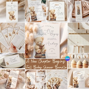 A New Chapter Begins Baby Shower Bundle, Teddy Bear Storybook Theme (Canva Template)